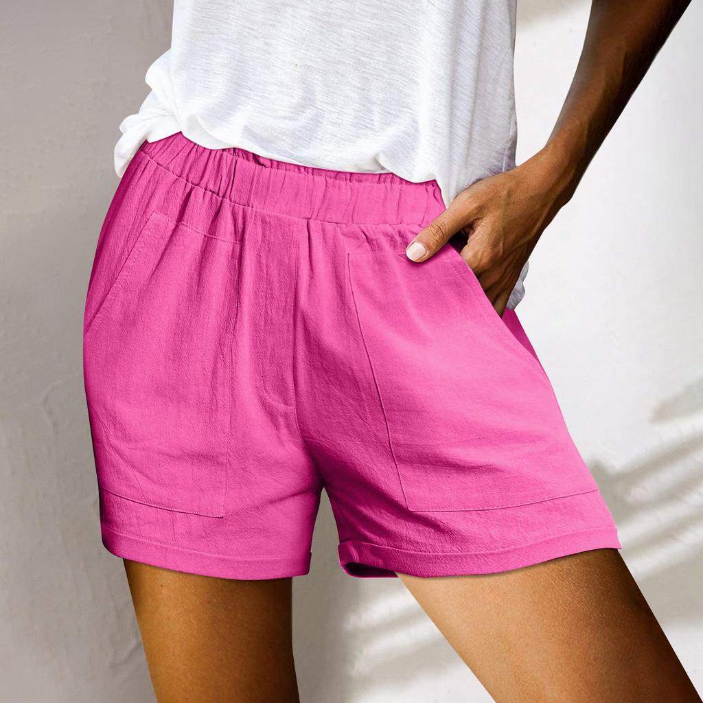 Женские льняные шорты, повседневные широкие брюки, летние рабочие плиссированные шорты с эластичной резинкой на талии, пляжные шорты с карманами