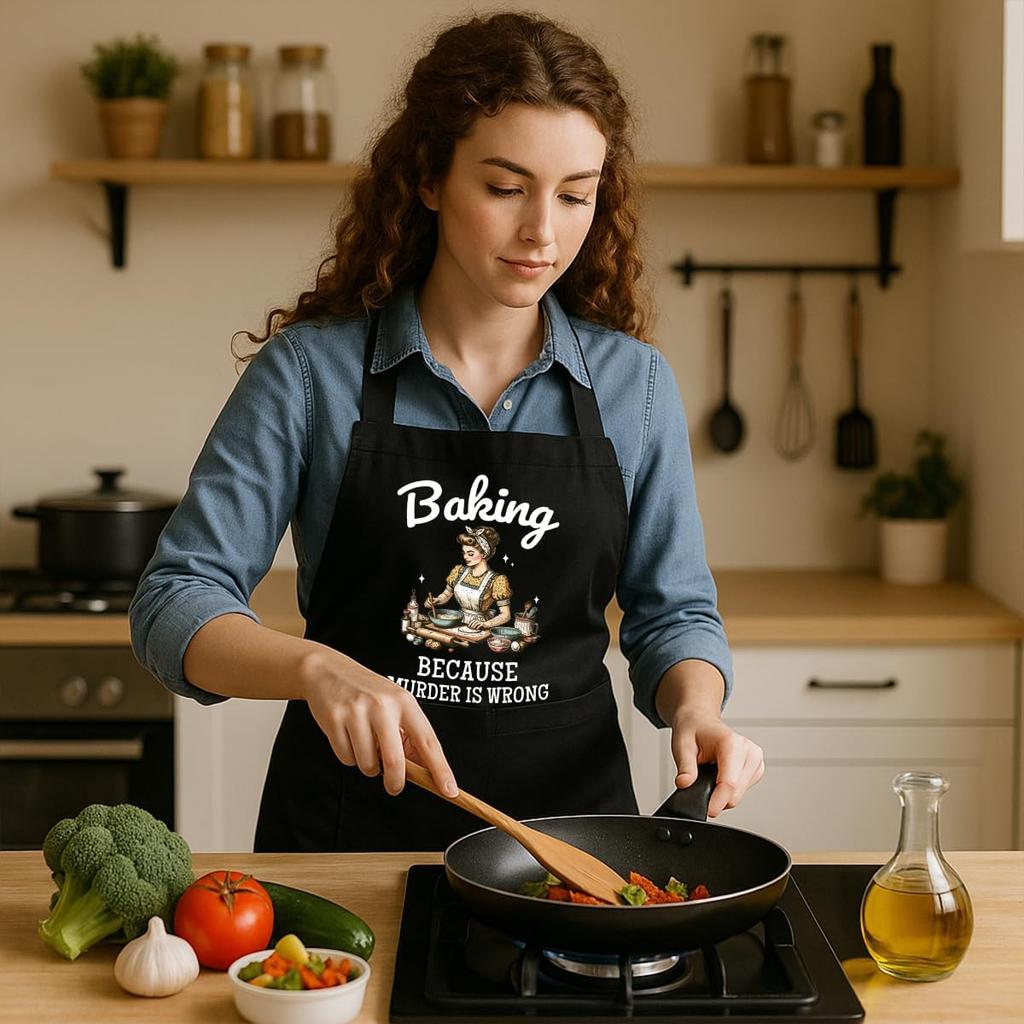 Baking Because Murder is Wrong,Funny Baking Aprons with Pockrts for Women Mom Wife Friends Sister Grandma,Birthday Bake Gifts for Bread Bakers,Cute