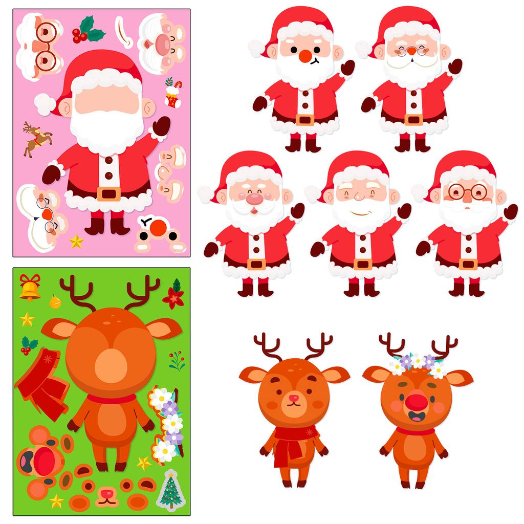 6 Sheets/Pack Cartoon Christmas Face Changing Stickers Christmas Diy Puzzle Cartoon Stickers