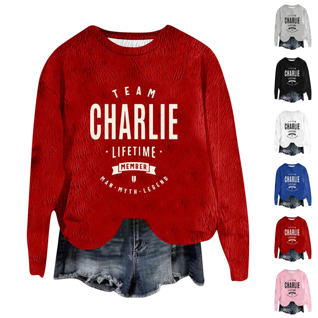 Women's Fashion Round Neck Pullover Top Long Sleeve Tee Printed Sweatshirt