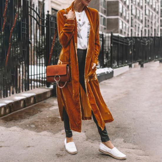 Женский кардиган, пальто с лацканами, длинный рукав, открытая передняя часть, золотистая бархатная ткань, куртка, однотонная, средней длины, верхняя одежда