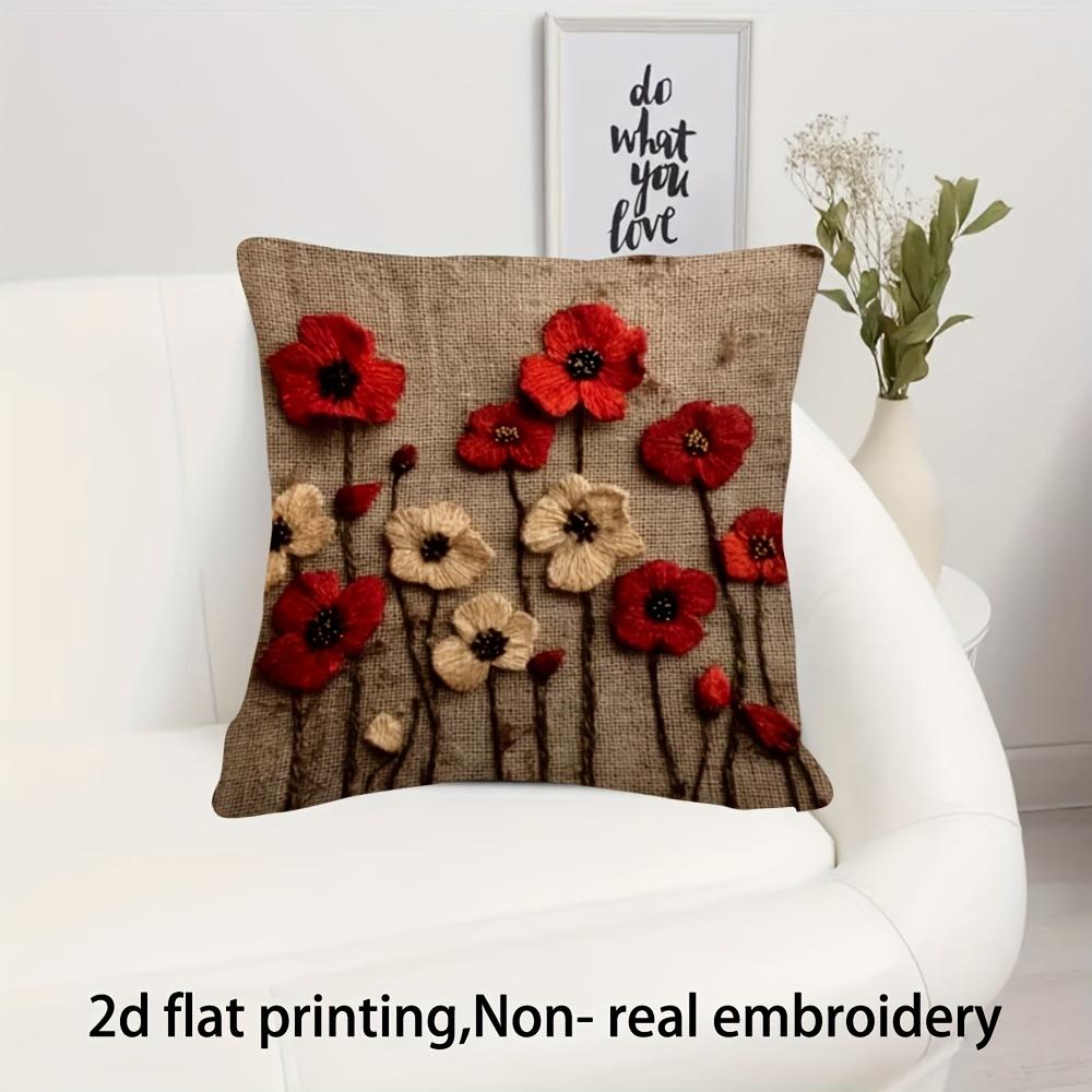Double Sided Vintage 2D Red Poppy Flower Pillow Cover Rustic Oil Painting Floral Print Soft Throw Pillow Case For Home Decor