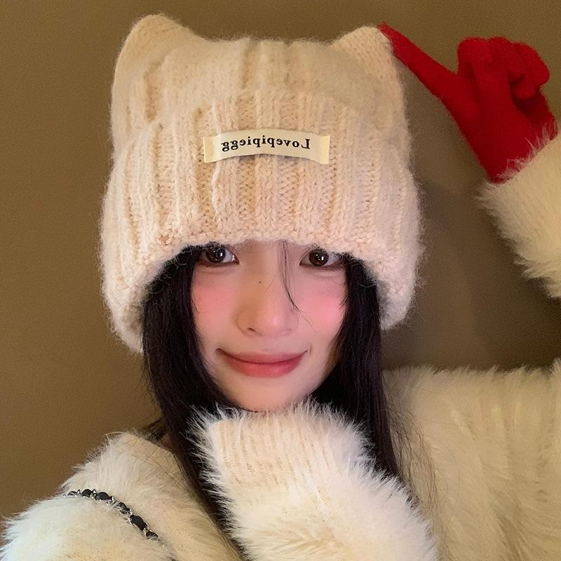 Милые кошачьи ушки (Хлеб в форме кошачьих ушей, приготовленный на пару), Вязаная шерстяная шапка, женская, зимняя, корейская версия, маленькое лицо, холодная шапка, утолщенная теплота