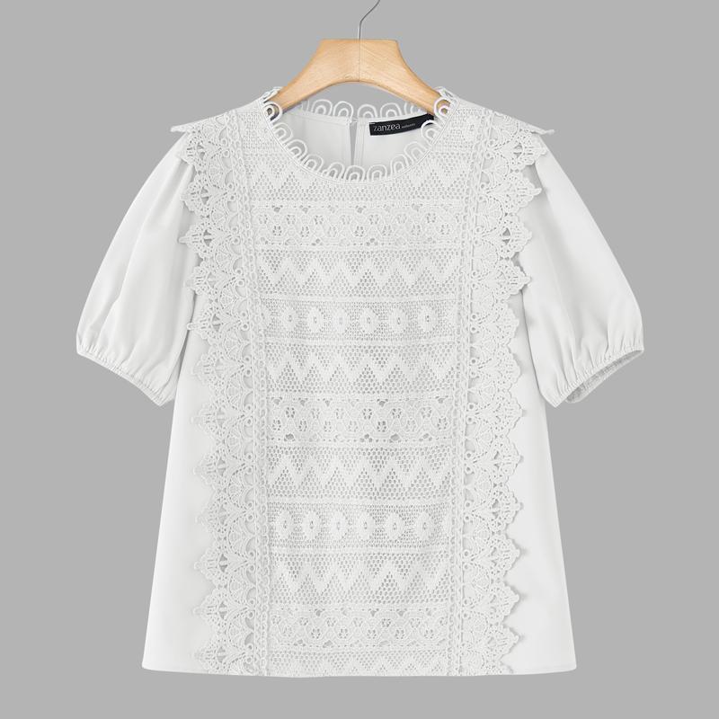 ZANZEA Женская повседневная блузка с круглым вырезом, коротким рукавом, свободного кроя, с лоскутным узором, связанным крючком