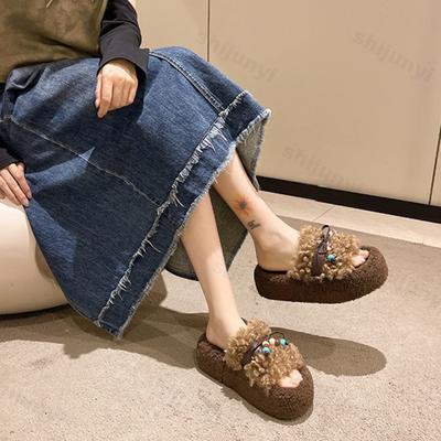 Женские плюшевые туфли на платформе Осень Зима Уличные Нескользящие Винтажные Хлопковые Тапочки Бант Увеличение Роста Повседневная Обувь