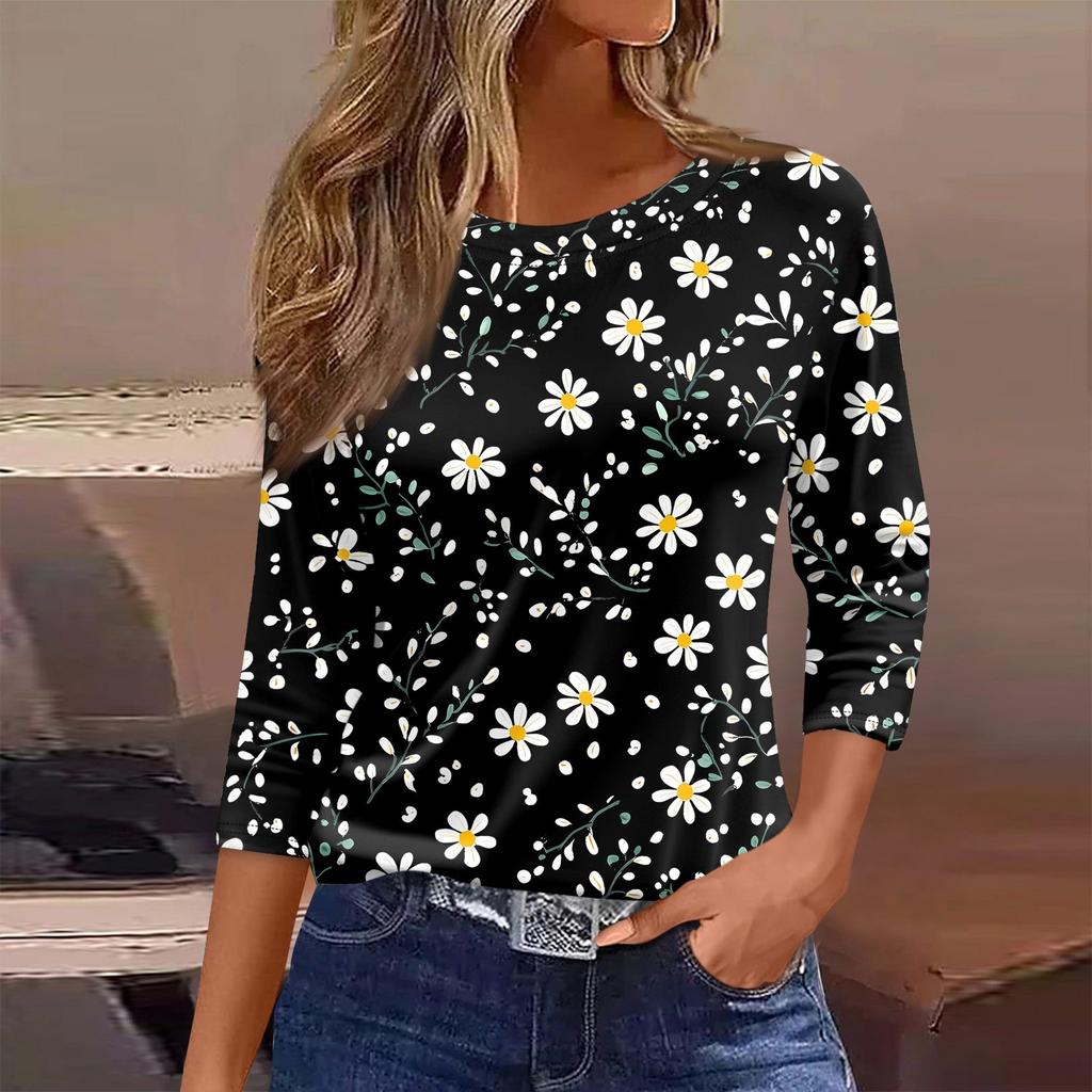 Женская футболка с принтом, рукав 3/4, повседневная, модная, на выходные, базовая, с круглым вырезом, стандартный топ