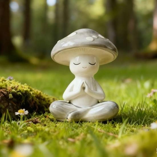 Zen Meditation Mushroom Sculpture Resin Mushroom Figurine for Living Room Home Office Desk Patio Garden Decor