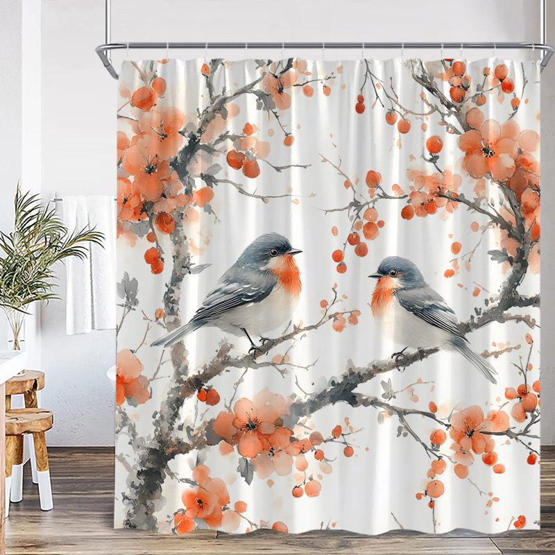 Bird Shower Curtains Colorful Birds On Tree With Green Leaves Farmhouse Bath Curtain Polyester Fabric Bathroom Decor With Hooks