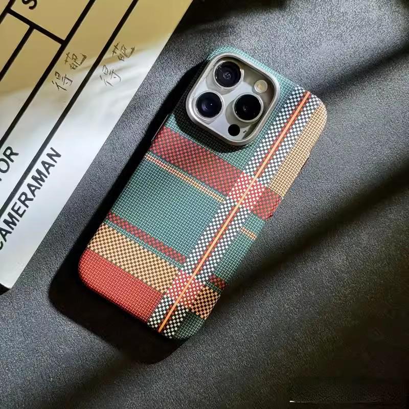 Kevlar Texture Magnetic Phone Case for Apple 17 Pro Max with Mountain & Starry River Design, Plaid Hard Protective for Apple 15