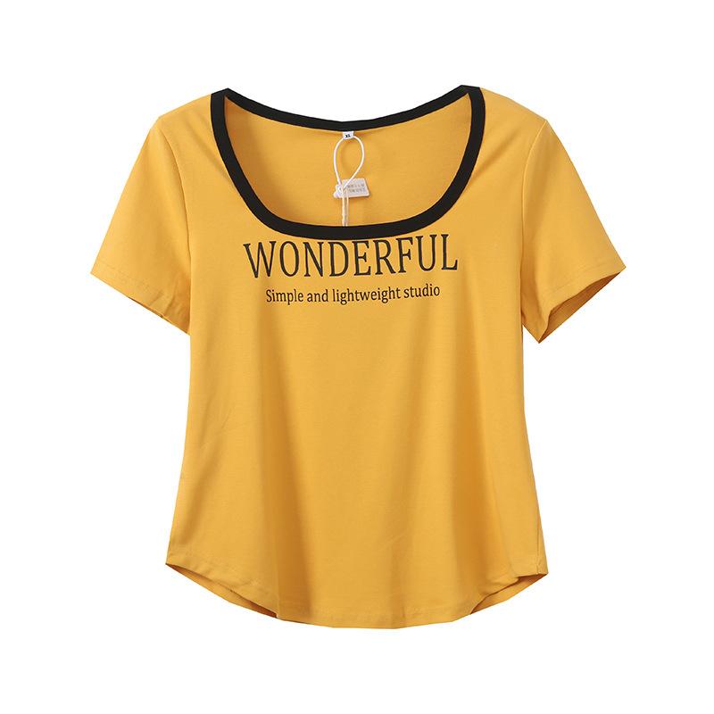 Large size women's clothing American Spice Girl contrasting color waist short-sleeved T-shirt summer new front shoulder top 262617
