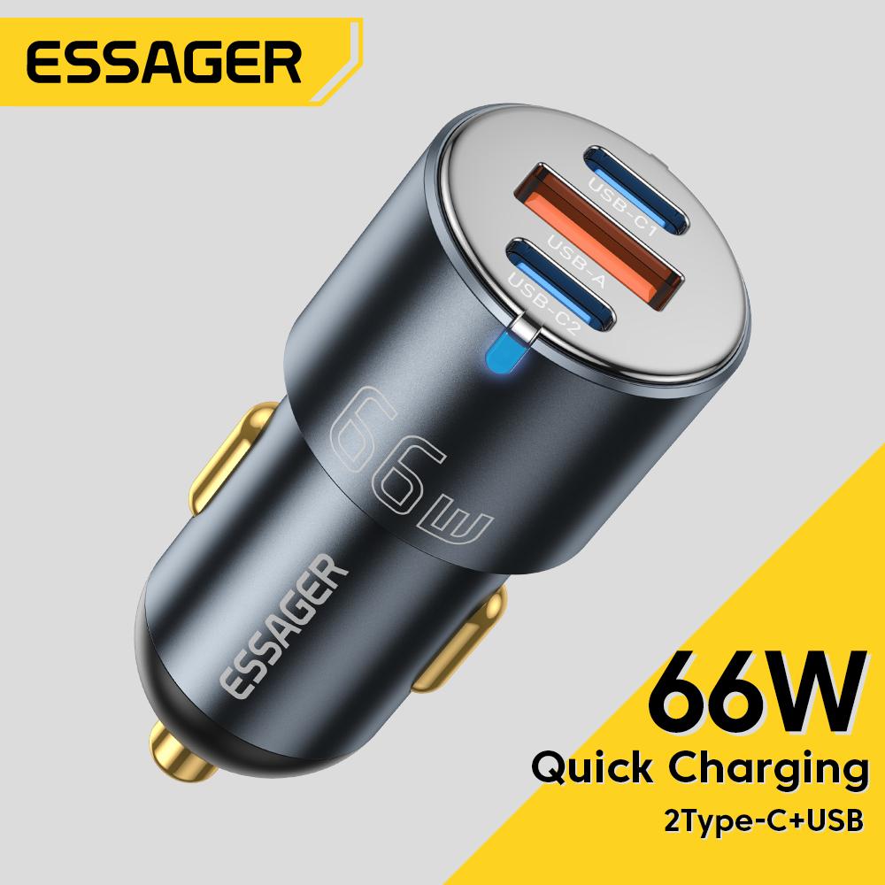 Essager Автомобильное зарядное устройство 66 Вт, быстрая зарядка, быстрое зарядное устройство QC PD 3,0 для iPhone 14 Type C, автомобильное зарядное устройство USB с USB-портом для Huawei Samsung