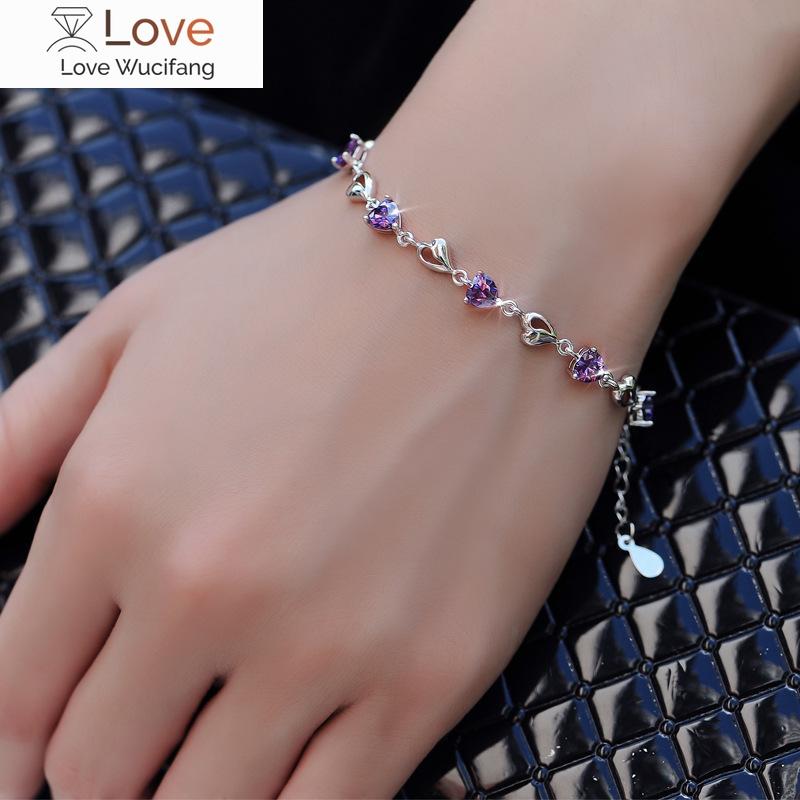 Silver Heart -Shaped Blue Crystal Bracelet Women European Style Fashion Simple Temperament Bracelet