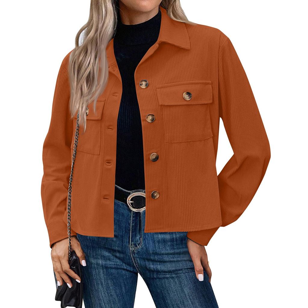 Women's Solid Color Casual Short Corduroy Button Jacket