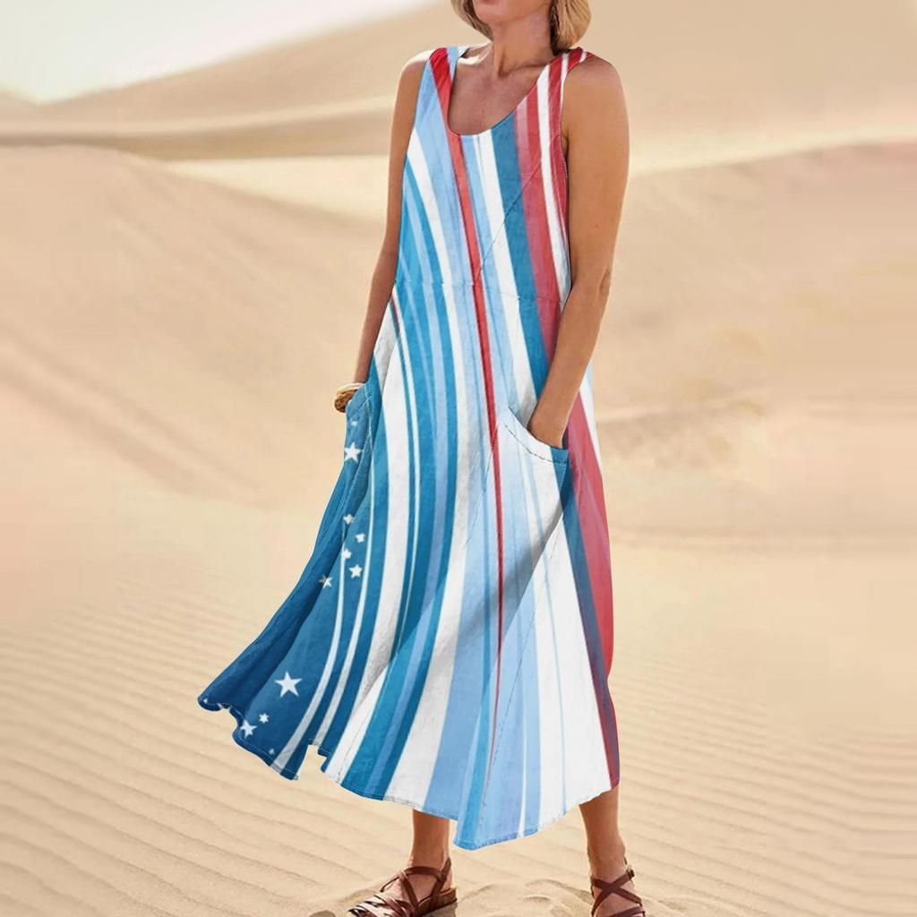 Женское модное повседневное хлопковое льняное платье без рукавов с принтом и карманами