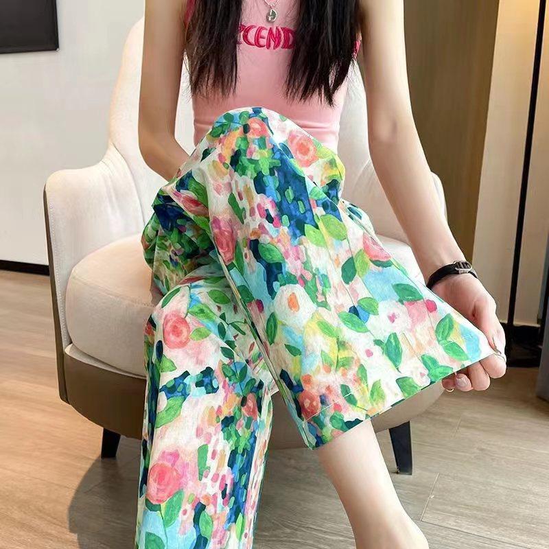 Summer Flower Trousers High-waisted Wide-legged Trousers Loose Straight Nine-minute Tide Seashore Mosquito-proof Leisure Beach Pants