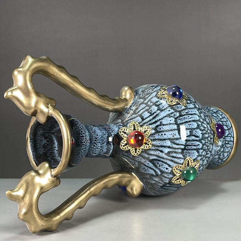 Антикварная коллекция фарфора Цзюнь династии Сун, позолоченная драгоценным камнем керамическая ваза с двумя драконами, украшение для дома, гостиной