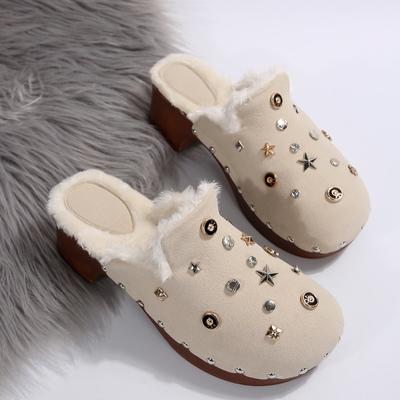 Модные зимние новые тапочки Baotou женские модные замшевые тапочки с заклепками и круглым носком, грубый хлопок, тянущийся