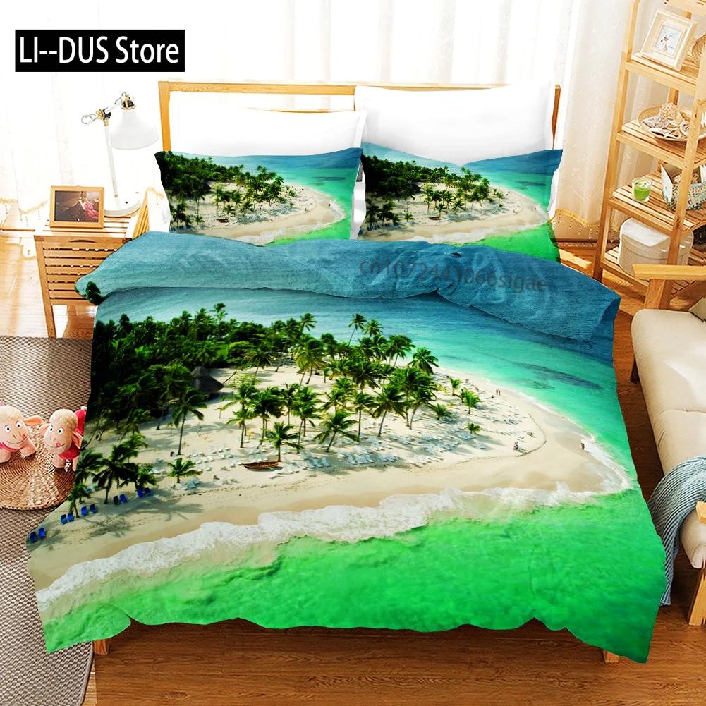 Tropical Duvet Cover Set King Size Microfiber Palm Trees Silhouette Sunset Tropical Beach Coastline Exotic Vacations Bedding Set