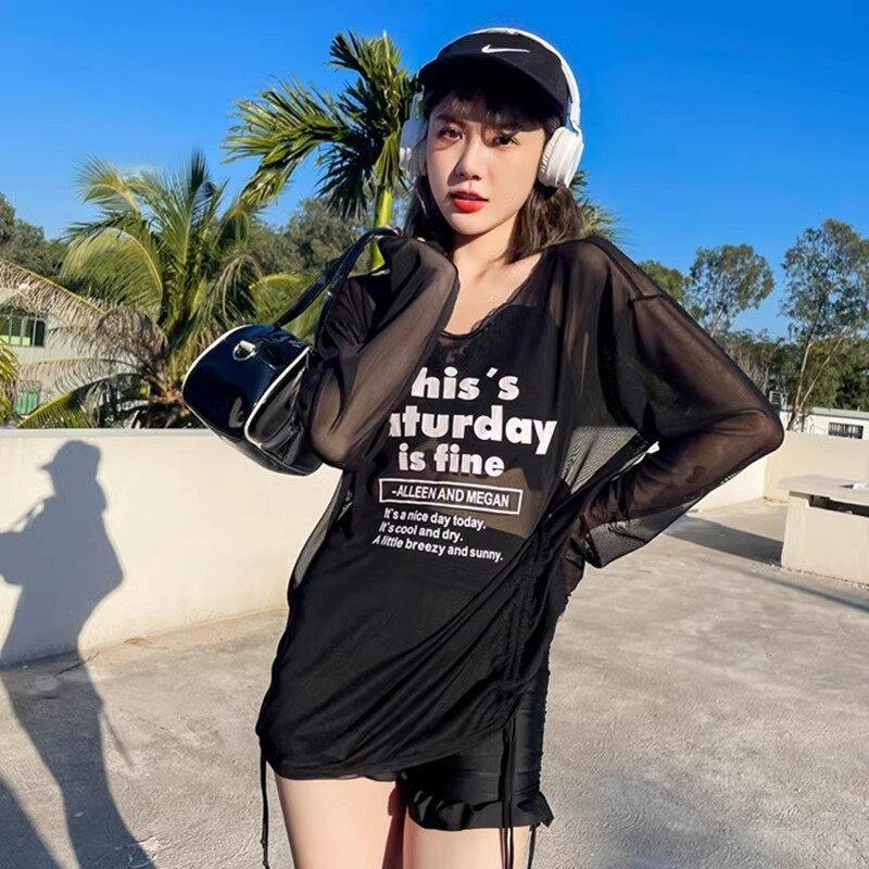 Long-sleeved swimsuit women's split three-piece set, small breasts gathered and thin, covering the belly, conservative new fashion hot spring swimsuit