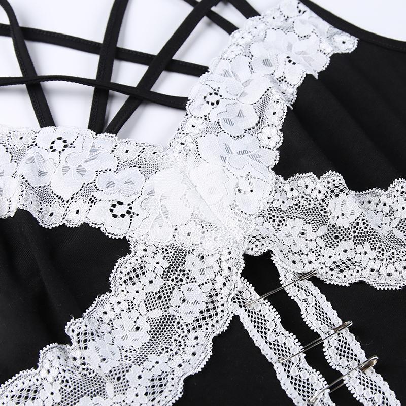 Готическая фея гранж кружева ажурные топы эстетичные сексуальные черные бретельки спагетти укороченные топы с открытой спиной Y2K уличная одежда панк топы