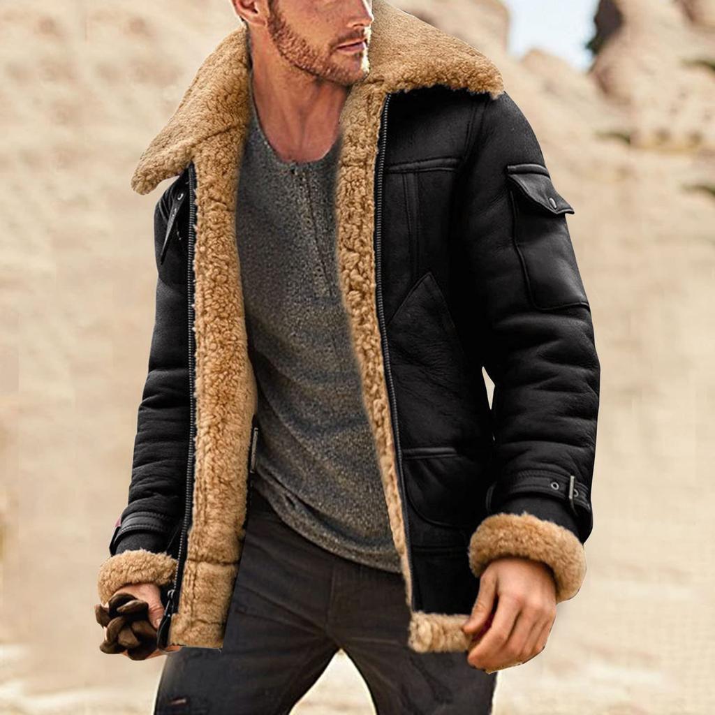 Men's Solid Color Frosted Fleece Composite Coat Long Sleeve Zipper Lapel Thick Coat Coat