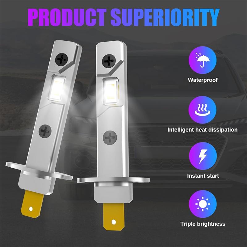 2Pcs 12000Lm H1 Led Headlight Bulb Canbus Car Head Fog Light 6500K White 12V-24V Super Bright,Plug And Play Fanless
