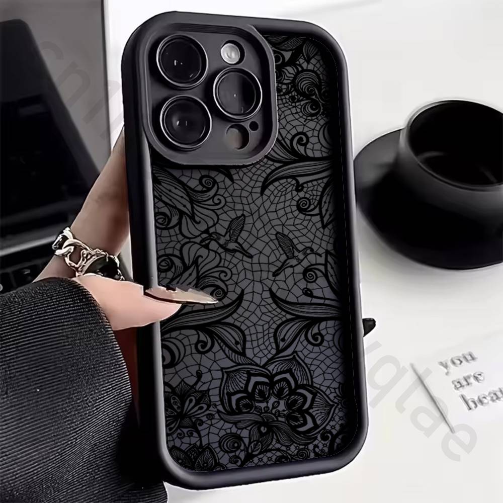Черный Силиконовый Чехол с Кружевным Узором Для iPhone 13 11 15 17 12 14 16 Pro Max 17 Air Plus SE Ударопрочный Мягкий Защитный Чехол