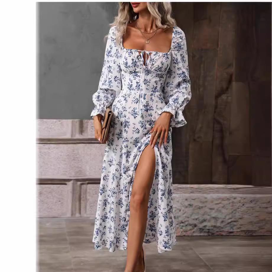 2025 Spring & Autumn European-American Bohemian Backless Print Long Sleeve Dress