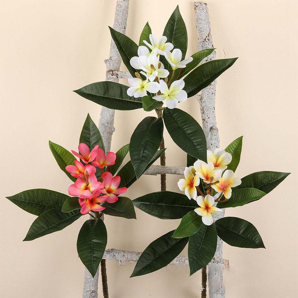 Real Touch Artificial Plumeria Flowers DIY with Green Leaves Simulation Frangipani Branch Multicolor Photo Props