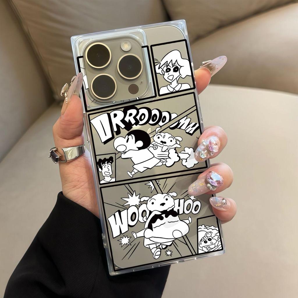 Прозрачный квадратный чехол-накладка для iPhone 14 Pro Max 13 11 12 16 ProMax 15 Plus, защита от окисления, мультяшный узор с Крейоном Шином