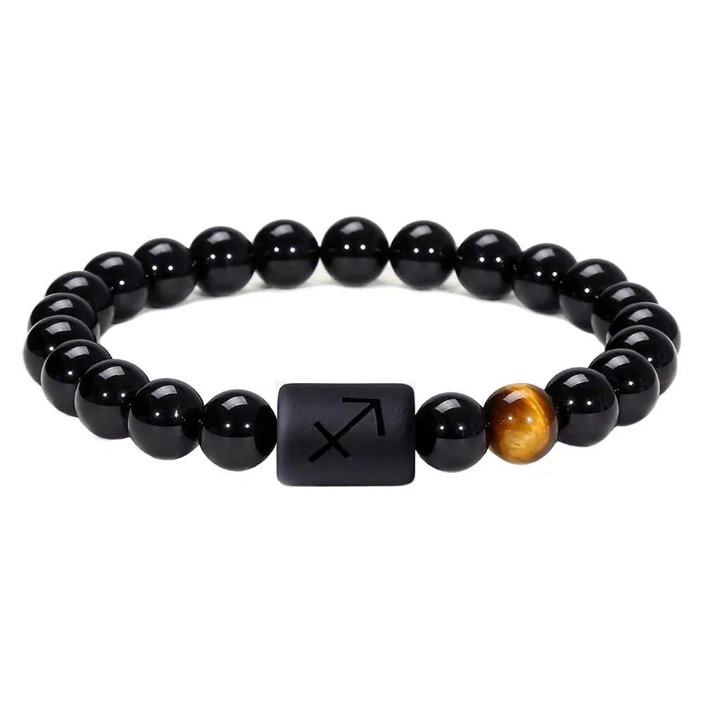 Браслет Знака Зодиака для Мужчин 8 мм Натуральный Черный Оникс Камень Тигровый Глаз Знак Зодиака Созвездие Дружба Молитва Благословение Браслет Подарки
