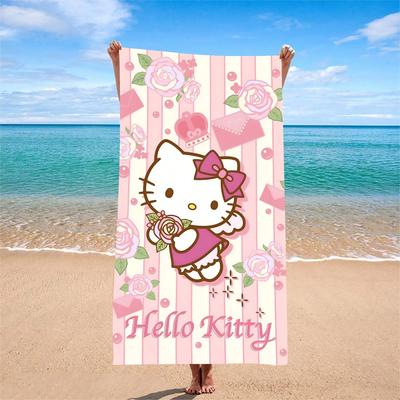 Пляжное полотенце Hello Kitty с цветочной полоской, односторонний 2D-принт, милое полотенце, декор для дома, ванной комнаты, бассейна, пляжного отдыха, летние принадлежности