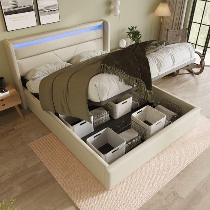 Lit de rangement - MUVOE - 160x200 cm - LED avec télécommande - Cuir blanc - 2 places