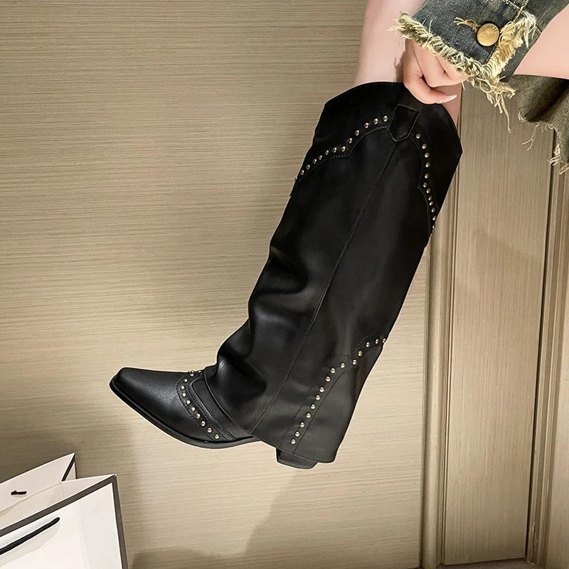 Мода 2024 года Новые женские ковбойские сапоги Модные элегантные женские сапоги на квадратном каблуке слипоны Длинные сапоги Обувь Ретро женская зимняя обувь Zapatos