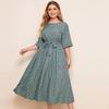 Summer Plus Size Women Dress A Line O Neck Short Sleeve Printed Belt Long Dresses Spring 4XL L
