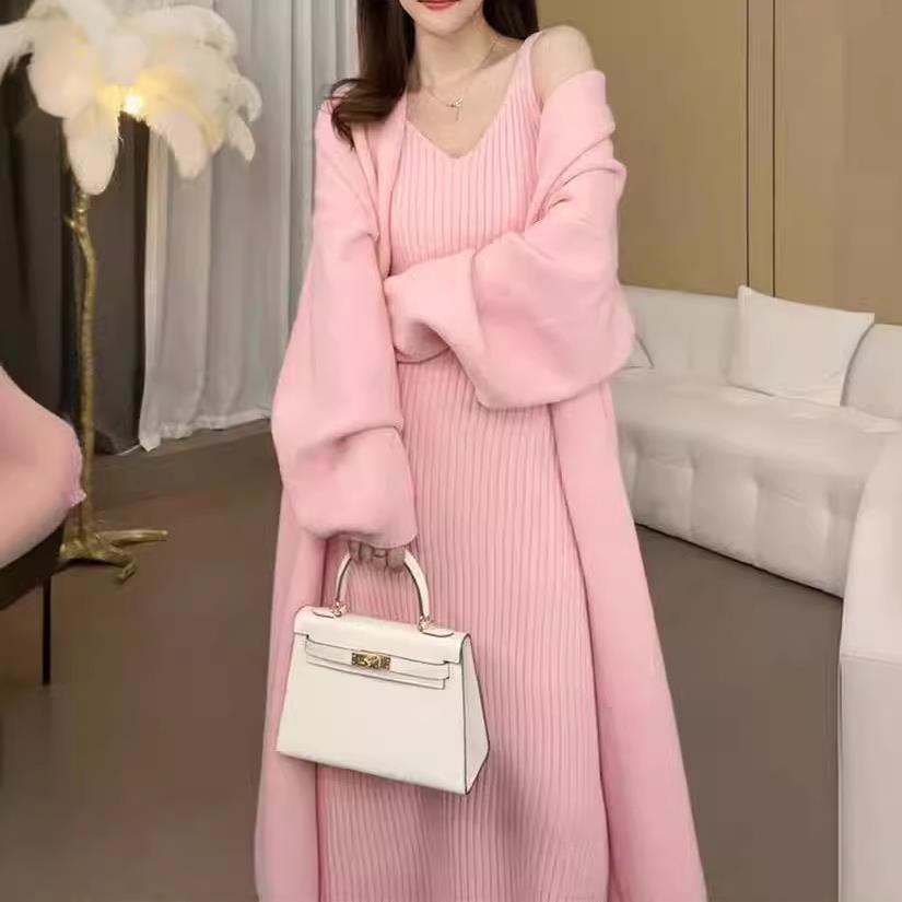 2024 Women's V-Neck Long Knitted Cardigan & Strap Dress Set