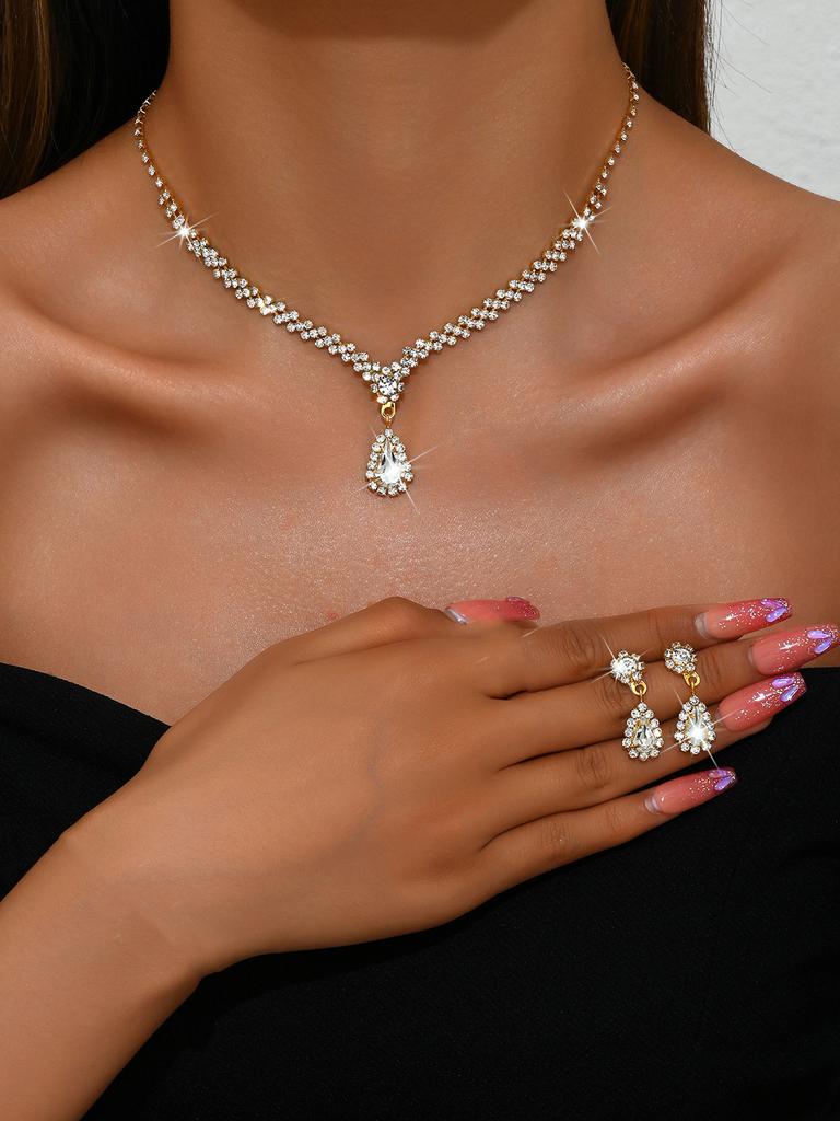 New Jewelry Metal Diamond Necklace Earrings Two-piece Wedding Bride Jewelry Set Combination