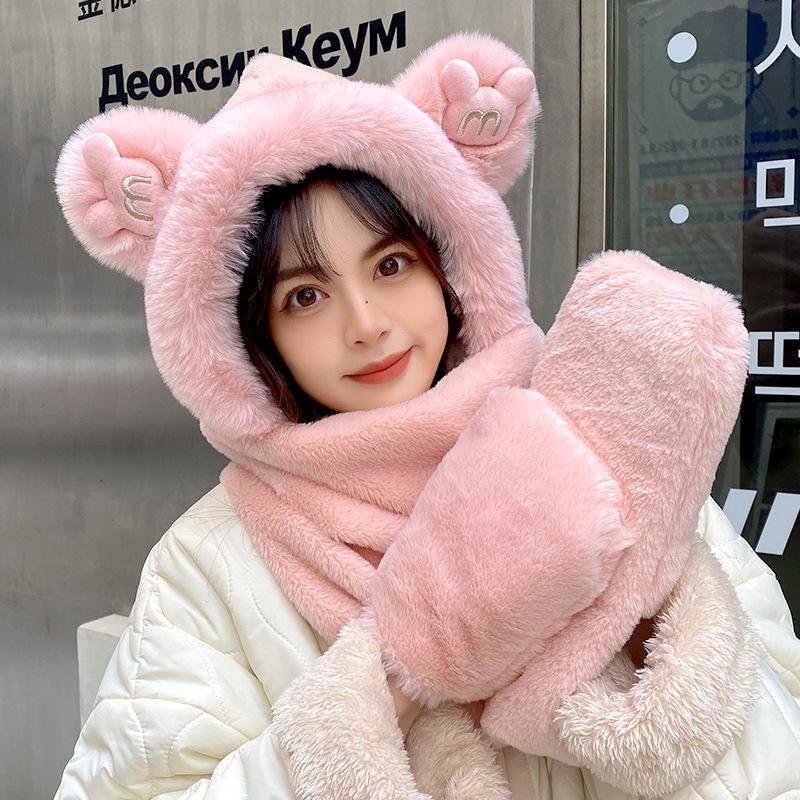 Scarf, Female Winter Bear with Hat, Korean Version of Cute Winter Integrated Thermal Gloves, Three Plush Scarves