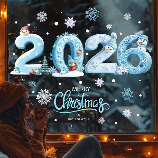 2026 Merry Christmas Window Cling Removable Waterproof PVC Winter Christmas Happy New Year Static Glass Sticker Holiday Party Decoration Decal