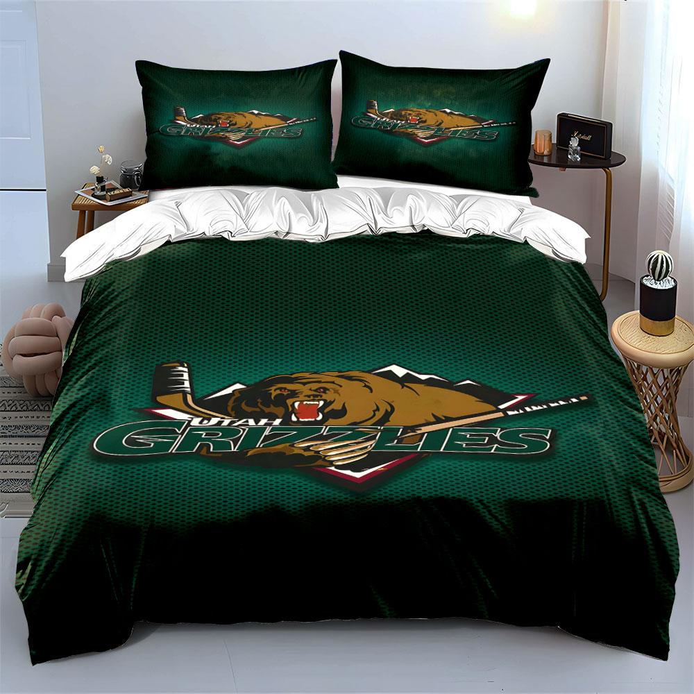 Utah Grizzlies Hockey Bear Logo Print Bedding Set Duvet Cover Pillowcases (1* Duvet Cover 2* Pillowcases Do Not Include Comforter)
