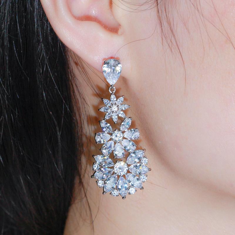 Длинные серьги-капли WWJ Exquisite Flower с разноцветным цирконом