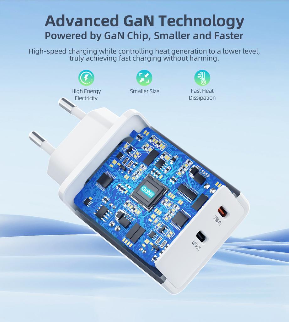 Choetech GaN PD Wall Charger 65W PD6013 Dual USB-C Ports - White