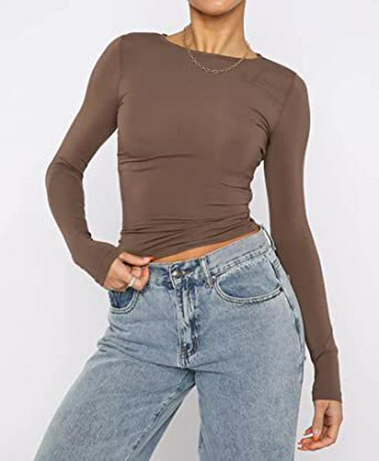 2023 Женская футболка с длинным рукавом, приталенная, нестандартная, однотонная, с круглым вырезом