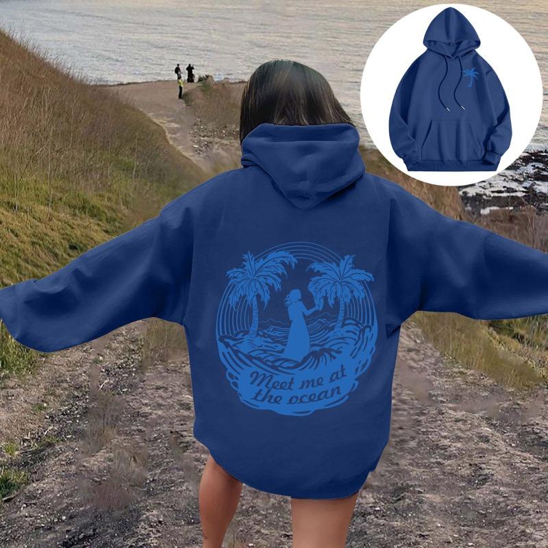 Женские толстовки с изображением пальмы Meet Me At The Ocean с принтом букв Толстовки-пуловеры с длинными рукавами Женская уличная толстовка с капюшоном