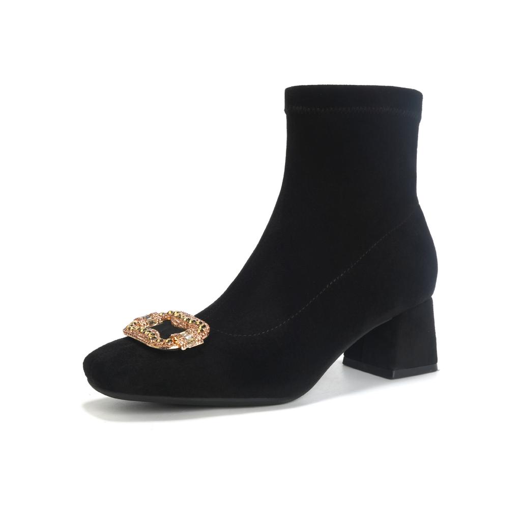 Замшевые ботильоны на высоком каблуке с эластичными голенищами и квадратной пряжкой со стразами, корейская версия, тонкие ботильоны, квадратный каблук, квадратный носок, короткие ботильоны, женские, осенне-зимние, поющие