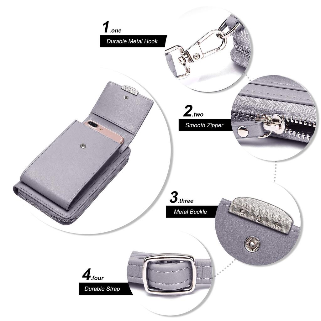 KUKOO Маленькая сумка кроссбоди Кошелек для мобильного телефона со слотом для кредитной карты на молнии Улучшенная женская, A-Серый вариант, один размер