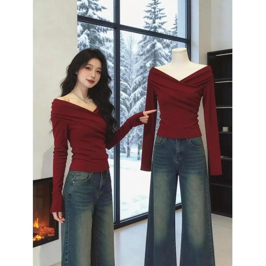 Plus Size Grey Cross-Neck Slim-Fit Knit Top for Women - Long Sleeve Spring Arrival, Slimming Inner Layer