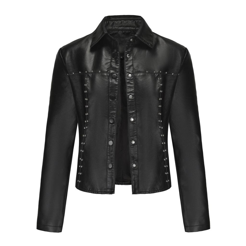 Fall Winter Women Lapel Collar Long Sleeve Slim Fit Zipper Pu Leather Jacket