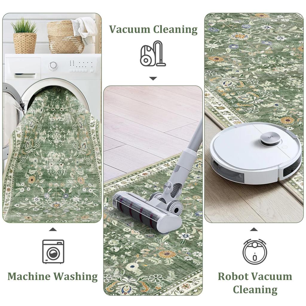 Washable Runner Rug: 2x6.6 Waterproof Non Slip Boho Floral Distressed Low Pile Faux Wool with Rubber Backing for Kitchen Laundry Bedroom Entrance
