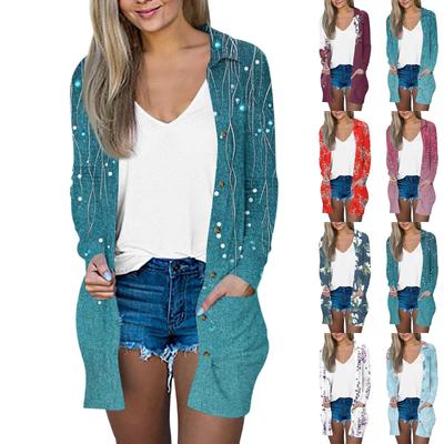 Женский повседневный модный кардиган-жакет средней длины с длинными рукавами и цветочным принтом